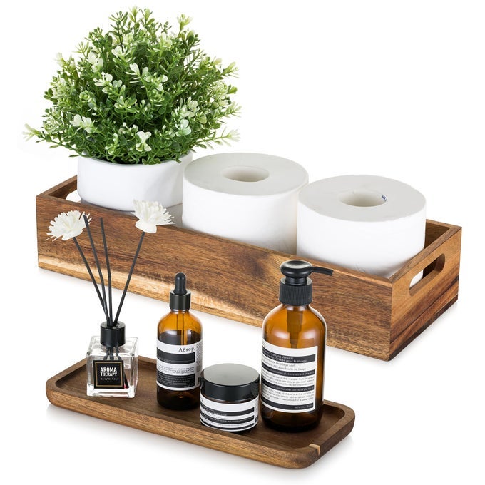 BATHROOM TOILET TANK BASKET WOOD ACACIA 2PCS TOILET PAPER TOPPER WITH VANITY TRAY BACK OF ORGANIZER TOILETRY STORAGE HOLDER BOX