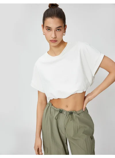 كوتن Crop T-Shirt Crew Neck Short Sleeve Elastic Waist