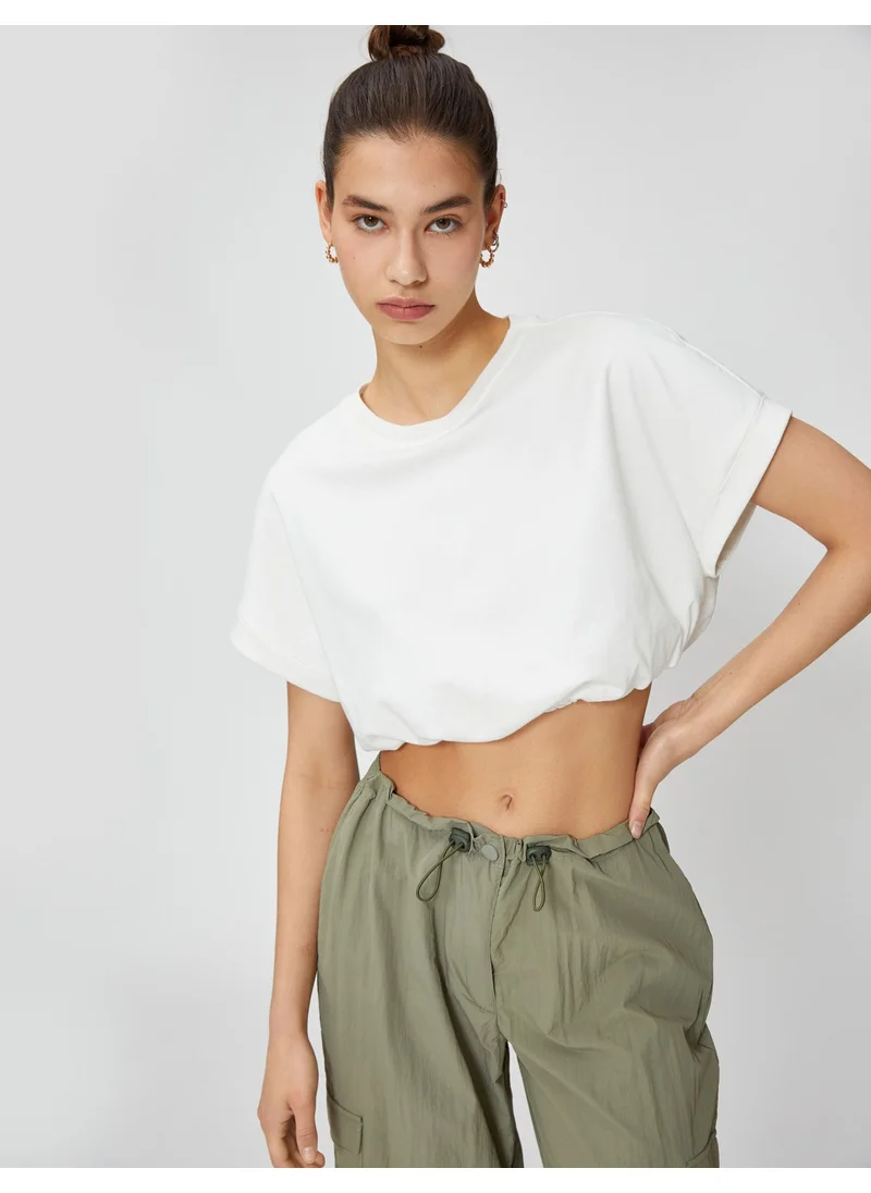 كوتون Crop T-Shirt Crew Neck Short Sleeve Elastic Waist