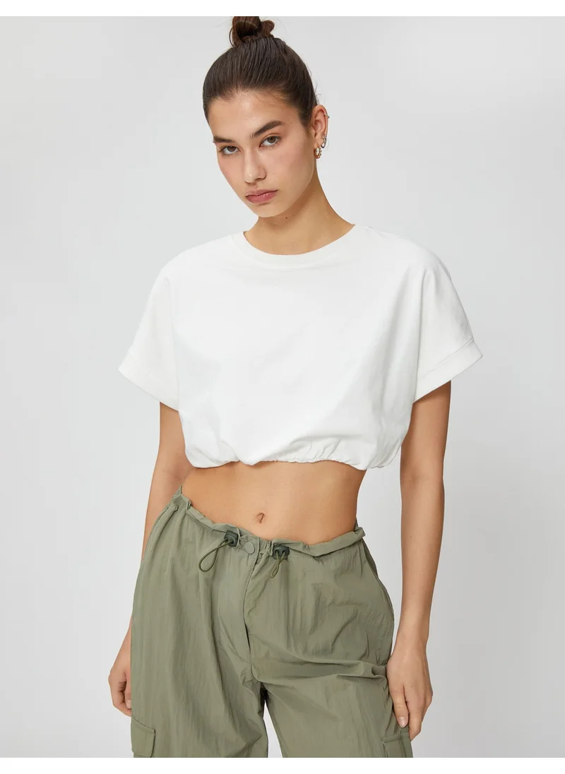كوتن Crop T-Shirt Crew Neck Short Sleeve Elastic Waist