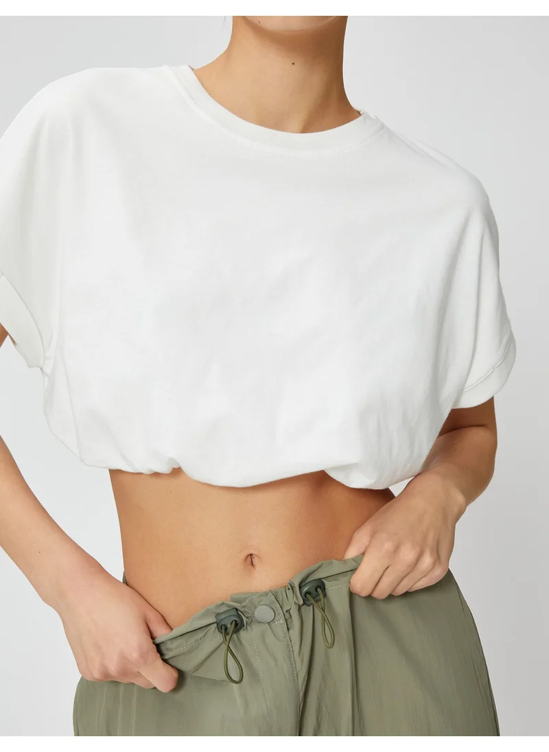 كوتن Crop T-Shirt Crew Neck Short Sleeve Elastic Waist