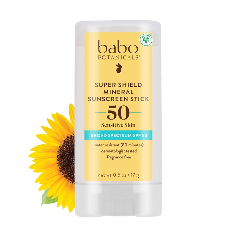 Babo Botanicals بابل بوتانيكالز سوبر شيلد واقي شمس SPF 50 على شكل عصا - 70% مكونات عضوية - أكسيد الزنك الطبيعي - لجميع الأعمار - معتمد من NSF و MADE SAFE - موثق من EWG - مقاوم للماء - خالي من العطور