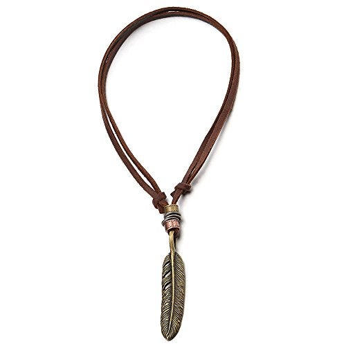 COOLSTEELANDBEYOND Retro Style Bronze Color Feather Pendant Necklace for Mens Womens with Adjustable Brown Leather Cord - Image 2