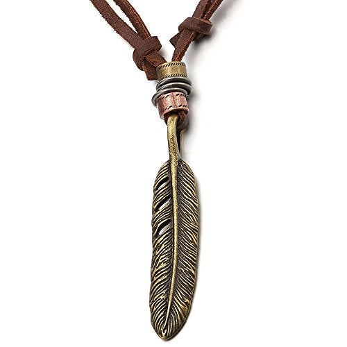 COOLSTEELANDBEYOND Retro Style Bronze Color Feather Pendant Necklace for Mens Womens with Adjustable Brown Leather Cord - Image 1
