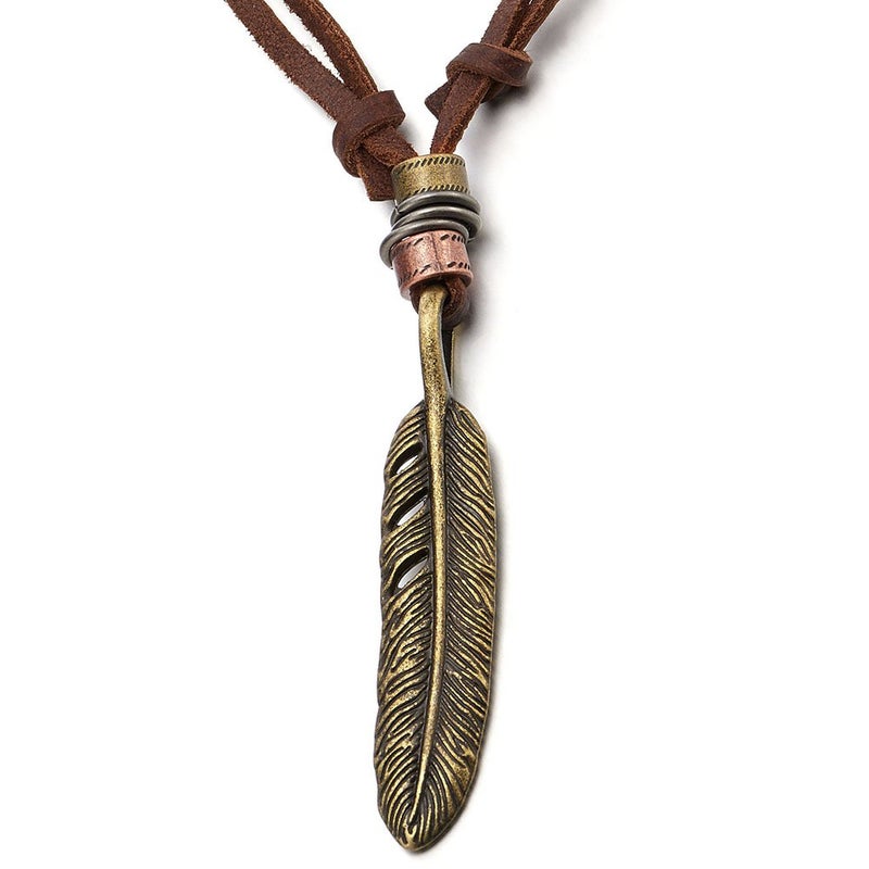 COOLSTEELANDBEYOND Retro Style Bronze Color Feather Pendant Necklace for Mens Womens with Adjustable Brown Leather Cord - Image 5