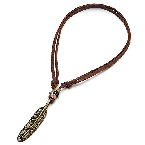 COOLSTEELANDBEYOND Retro Style Bronze Color Feather Pendant Necklace for Mens Womens with Adjustable Brown Leather Cord - Image 3