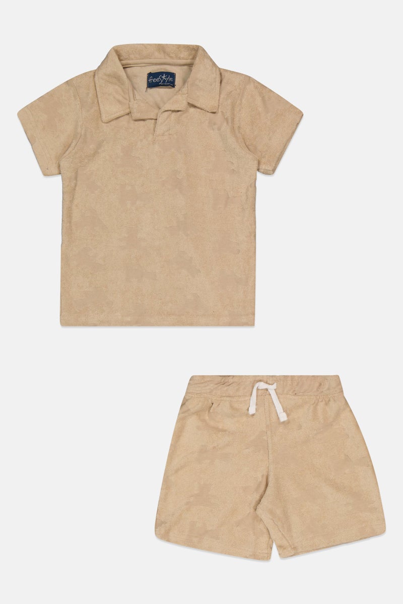 Freestyle Toddlers Boy 2 Pieces Textured Polo Shirt And Shorts Set, Beige - Image 2