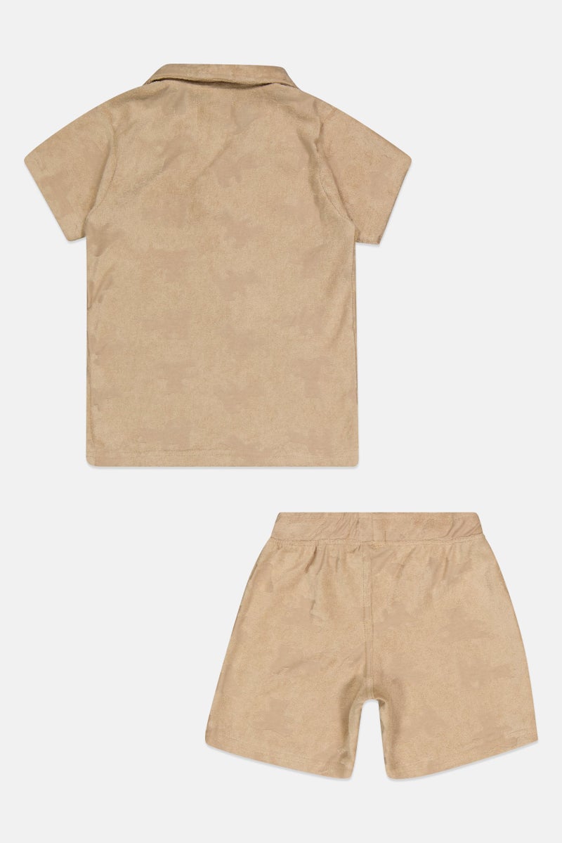 Freestyle Toddlers Boy 2 Pieces Textured Polo Shirt And Shorts Set, Beige - Image 3