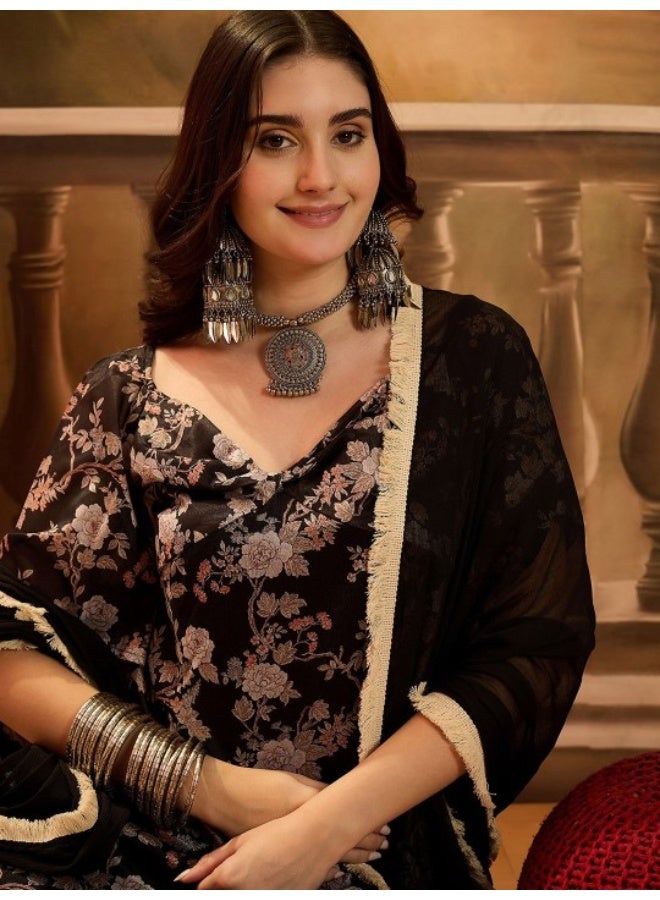 AKS Black Chinnon Kurta Chudidaar Set - Image 2