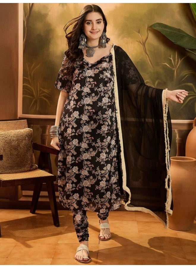 AKS Black Chinnon Kurta Chudidaar Set - Image 1