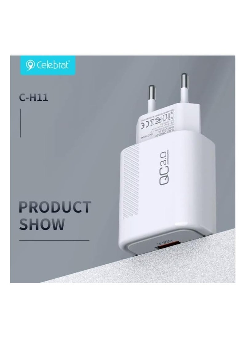 سليبرات - شاحن سريع C-H11-EU من سيليبرات مع كابل شحن USB A إلى النوع C وشريحة ذكية للتعرف الذكي تناسب العديد من الأجهزة الذكية بقدرة 18 وات - أبيض - Image 1