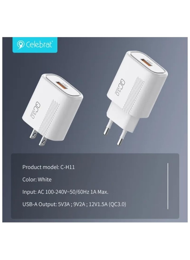 سليبرات - شاحن سريع C-H11-EU من سيليبرات مع كابل شحن USB A إلى النوع C وشريحة ذكية للتعرف الذكي تناسب العديد من الأجهزة الذكية بقدرة 18 وات - أبيض - Image 1