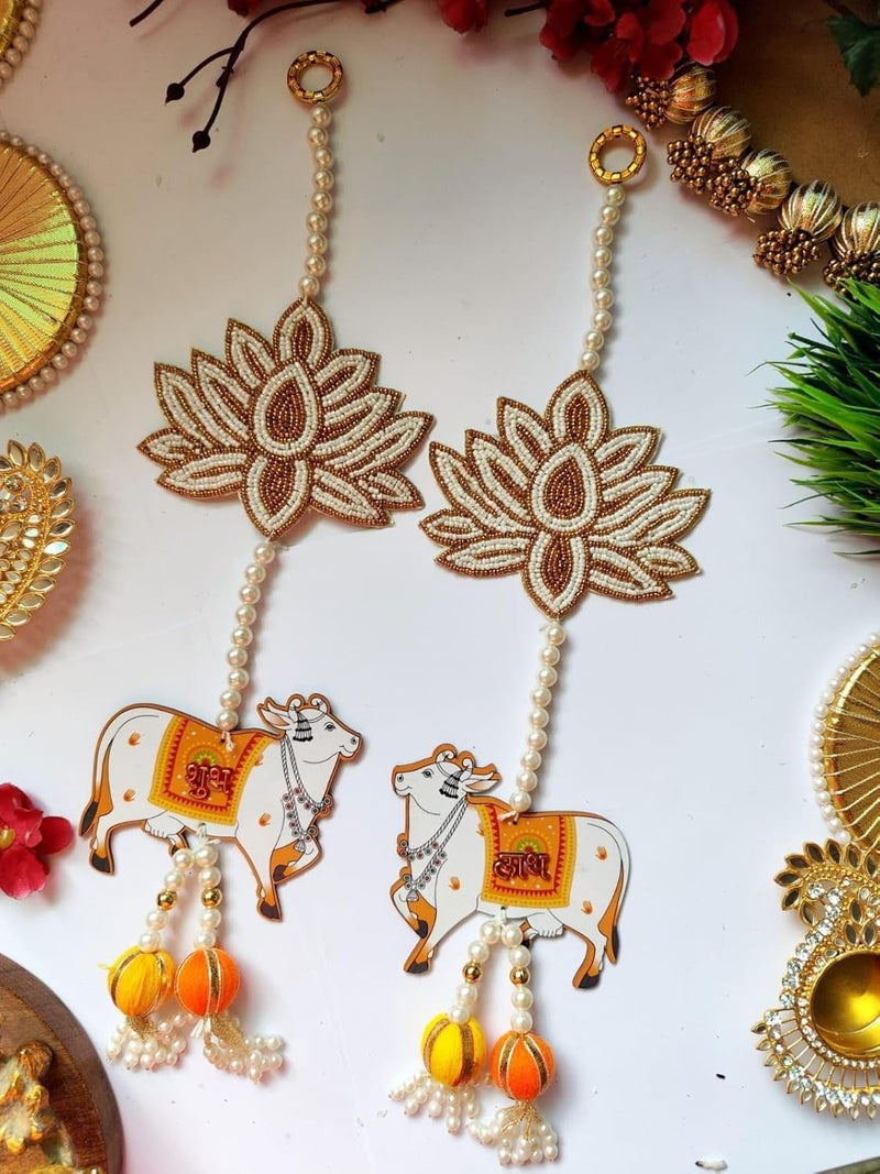 RAHINI CRAFT RAHINI CRAFT Handmade Wall Decor Lotus Cow with Laxmi Ganesh Ji String for Home Decor Diwali Decor Wedding All Festival Decor  - Image 1