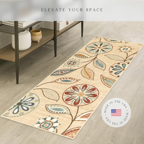 Maples Rugs Reggie Floral Runner Rug - Made in USA - Washable, Non Slip Indoor Carpet for Kitchen, Hallway, and Laundry Room, 1'8 x 5, Beige - Image 2