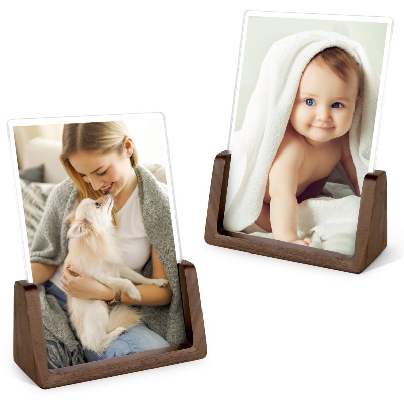 Mixoo Picture Frame 2 Pack - Rustic Wooden Photo Frames with Walnut Wood Base and High Definition Break Free Acrylic Glass Covers for Tabletop or Desktop Display (5x7 inch  Vertical + Vertical) - Image 1