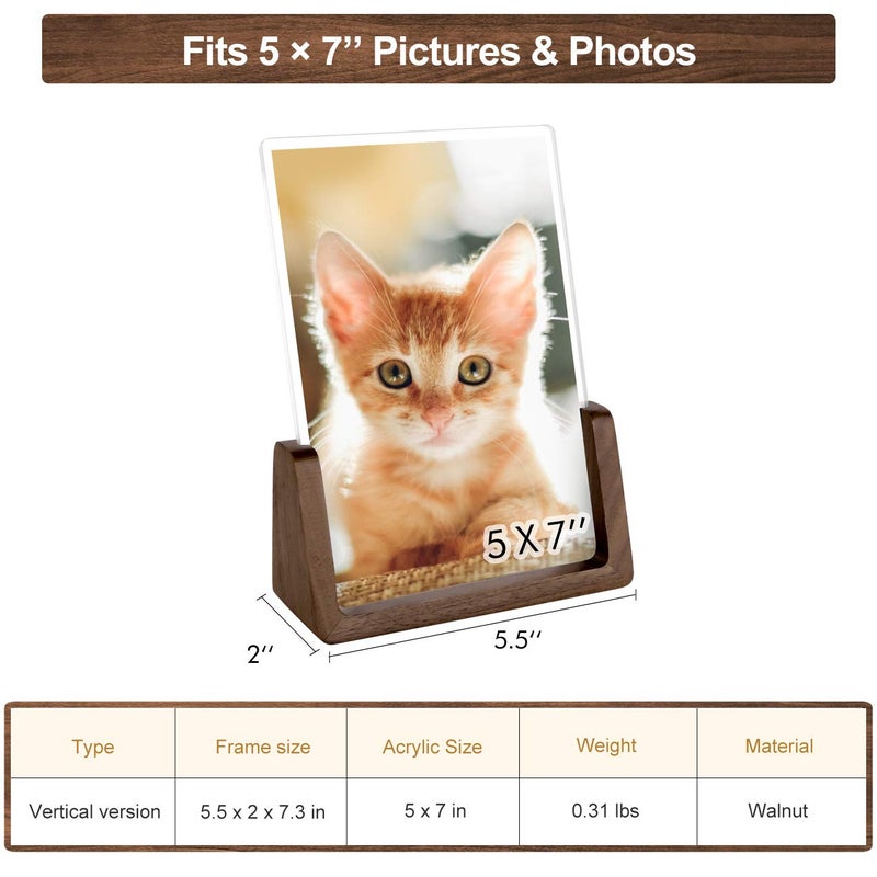 Mixoo Picture Frame 2 Pack - Rustic Wooden Photo Frames with Walnut Wood Base and High Definition Break Free Acrylic Glass Covers for Tabletop or Desktop Display (5x7 inch  Vertical + Vertical) - Image 3
