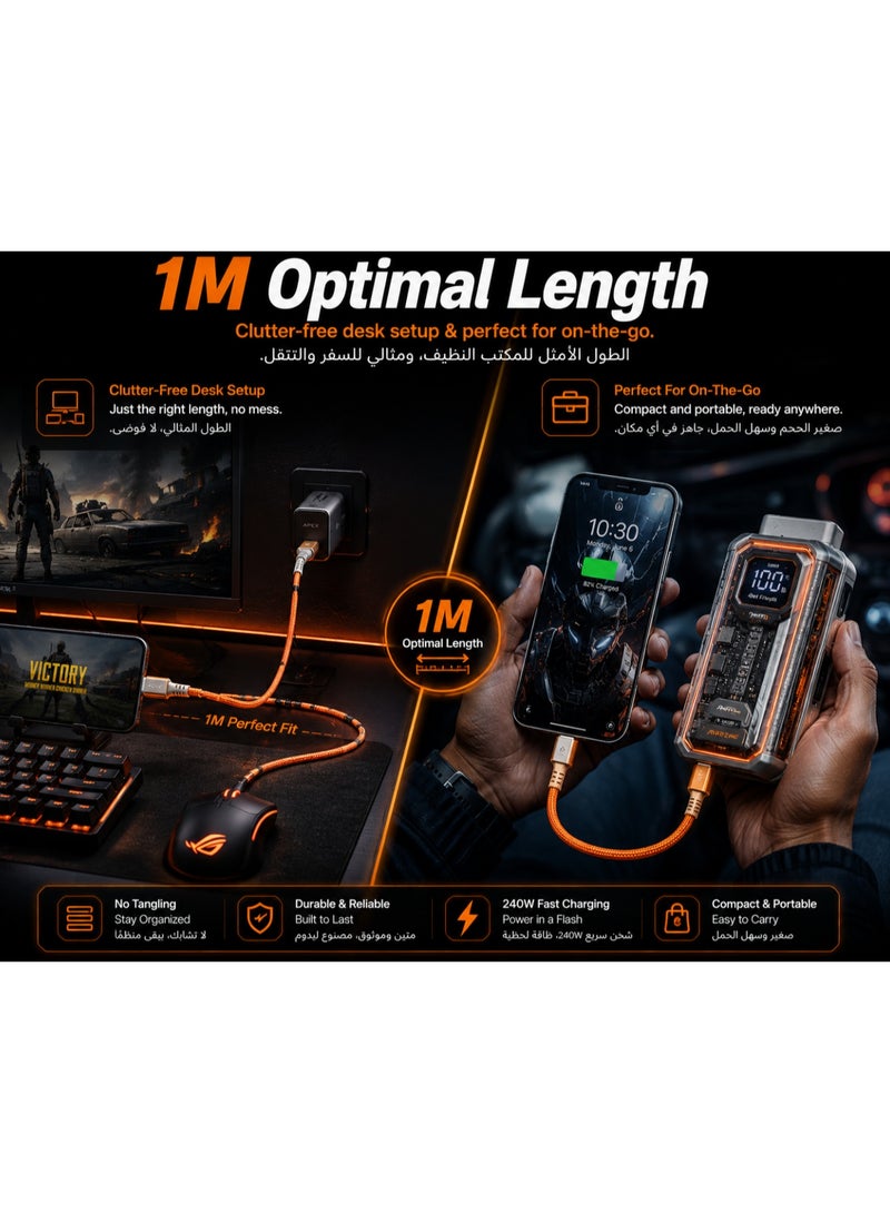 كابل شحن سريع جدأ من نوع USB-C إلى USB-C سلسلة Apexبقوة 240 واط، سلك ألعاب إلكترونية PD 3.1، برتقاليبطول 1 مت - Image 3