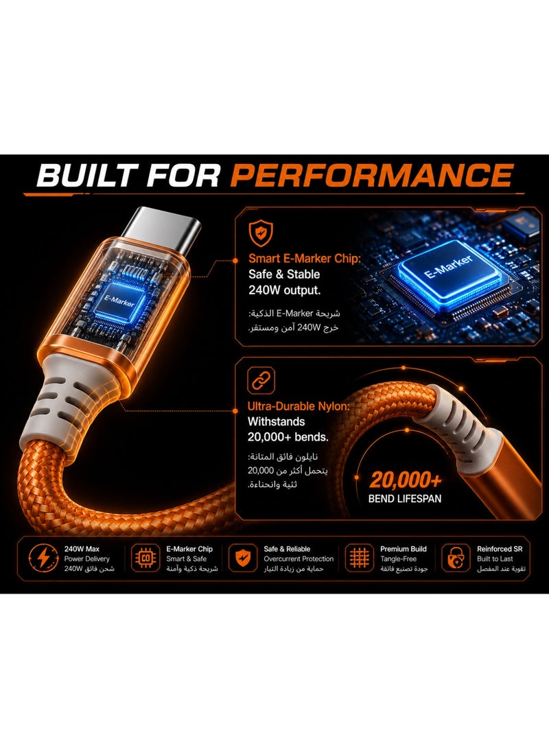 كابل شحن سريع جدأ من نوع USB-C إلى USB-C سلسلة Apexبقوة 240 واط، سلك ألعاب إلكترونية PD 3.1، برتقاليبطول 1 مت - Image 4