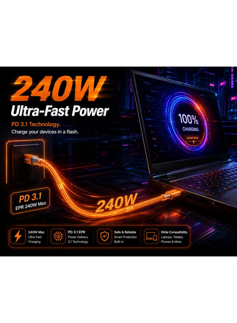 كابل شحن سريع جدأ من نوع USB-C إلى USB-C سلسلة Apexبقوة 240 واط، سلك ألعاب إلكترونية PD 3.1، برتقاليبطول 1 مت - Image 2