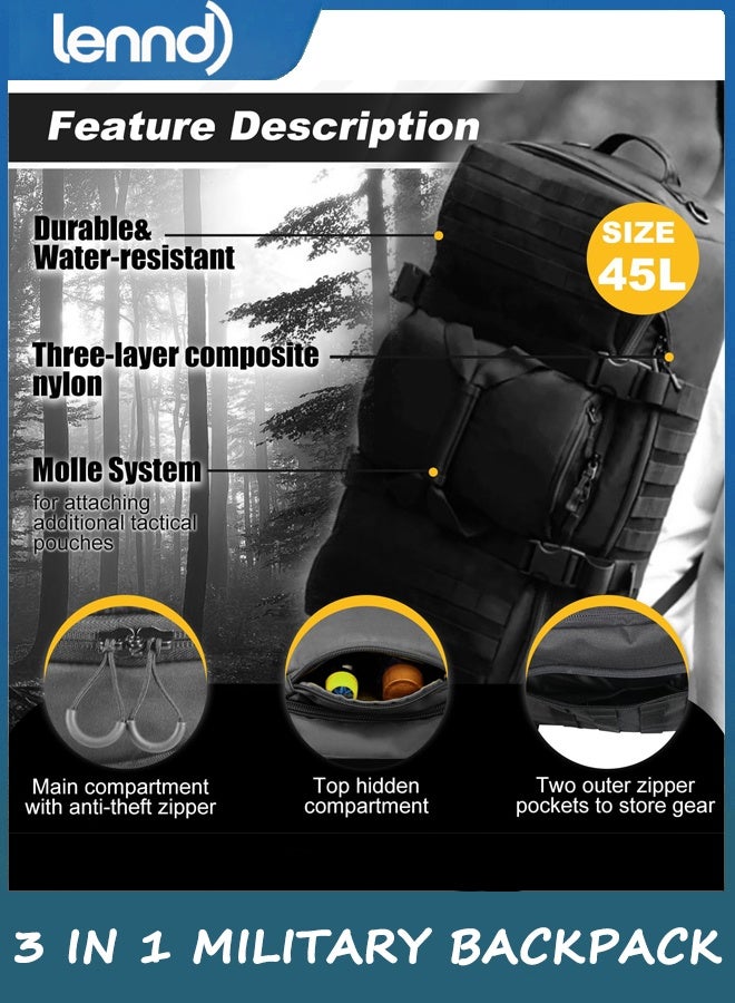 LENND Travel Duffle Bag Backpack for Men, 3 In 1 Tactical 45L Backpack Travel Duffle Bag for Weekender Gym Workout Deployment, Black - Image 4