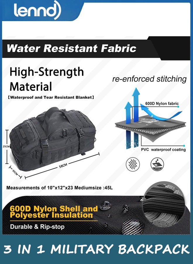 LENND Travel Duffle Bag Backpack for Men, 3 In 1 Tactical 45L Backpack Travel Duffle Bag for Weekender Gym Workout Deployment, Black - Image 3