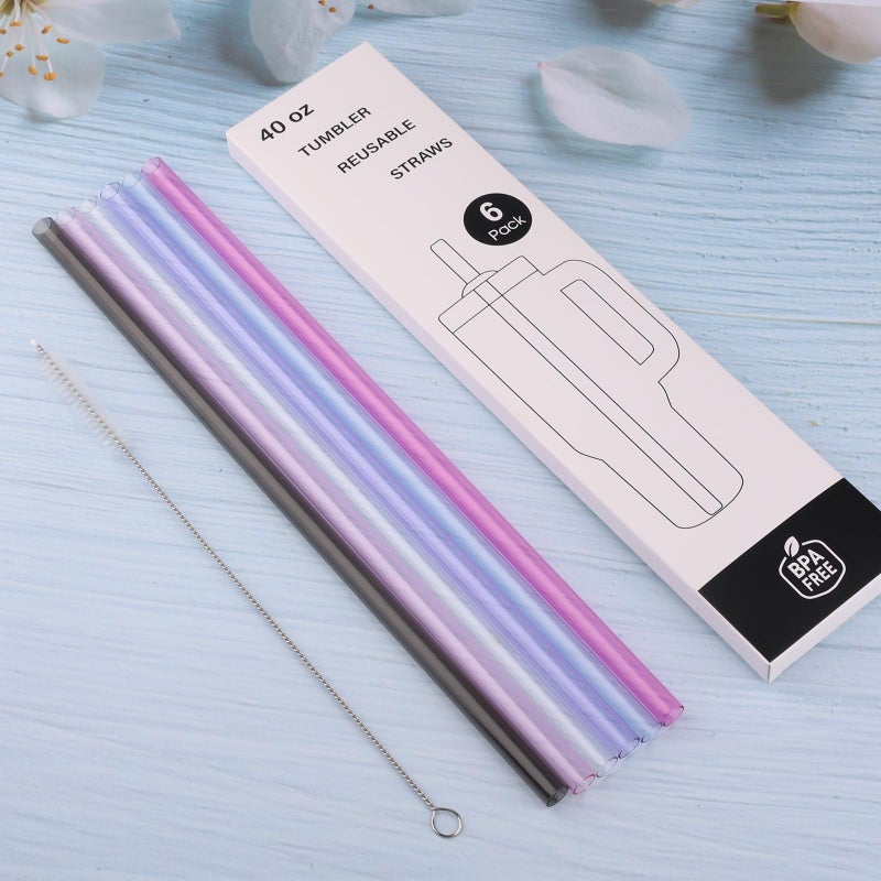 Joshey 12 Inch Tritan Replacement Straws for Stanley 40oz Tumbler - 6 Pack Reusable Long Straws with Cleaning Brush, Fits 30oz & 40oz Stanley Cup Accessories, BPA-Free (Gray+Clear) - Image 5