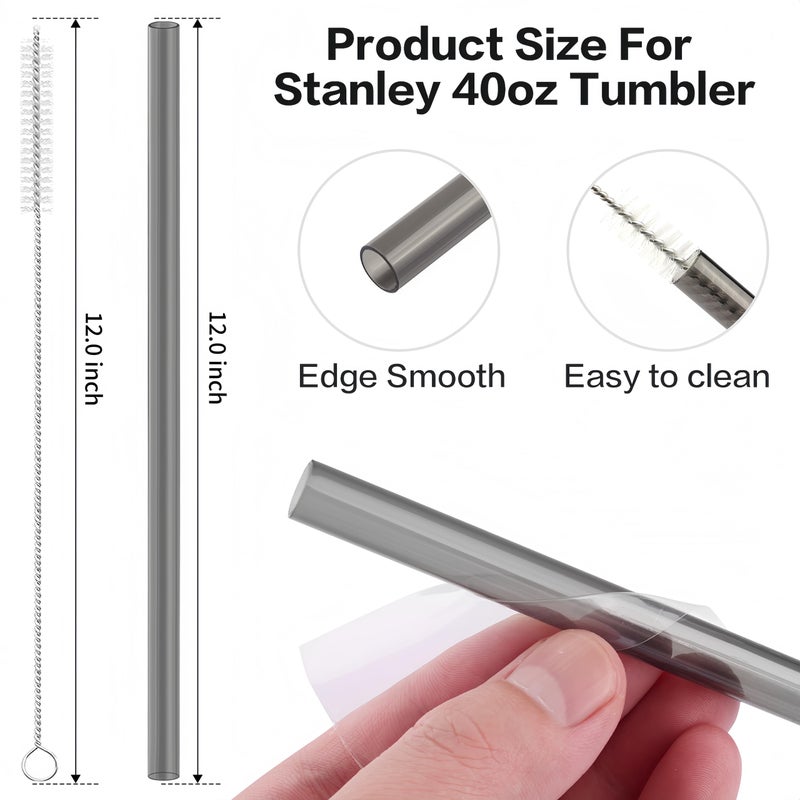 Joshey 12 Inch Tritan Replacement Straws for Stanley 40oz Tumbler - 6 Pack Reusable Long Straws with Cleaning Brush, Fits 30oz & 40oz Stanley Cup Accessories, BPA-Free (Gray+Clear) - Image 2