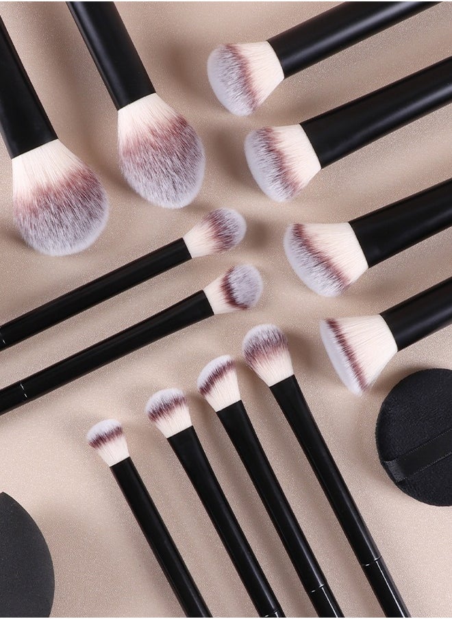 15 PCS Makeup Brush Set, 12 Multi Use Makeup Brushes, with 2 Makeup Sponges and 1 Makeup Puff, Foundation Blush Concealer Shading Eye Makeup Brush, for Beginners and Professionals