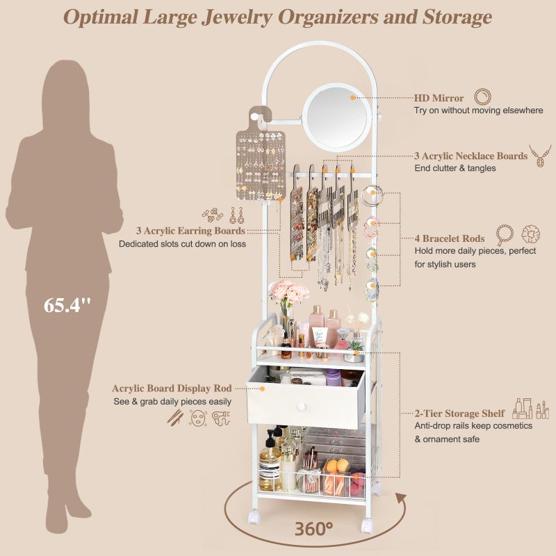 Keebofly Floor Jewelry Organizer with Adjustable Mirror, 67.52" Tall Jewelry Display Stand with 6 Acrylic Earring Necklace Pegboards, Mobile Jewelry Tower with Large Storage Drawer for Women - Image 4