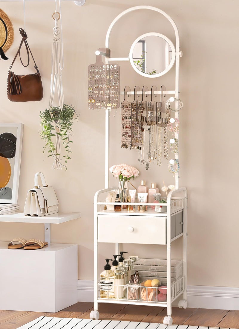 Keebofly Floor Jewelry Organizer with Adjustable Mirror, 67.52" Tall Jewelry Display Stand with 6 Acrylic Earring Necklace Pegboards, Mobile Jewelry Tower with Large Storage Drawer for Women - Image 1