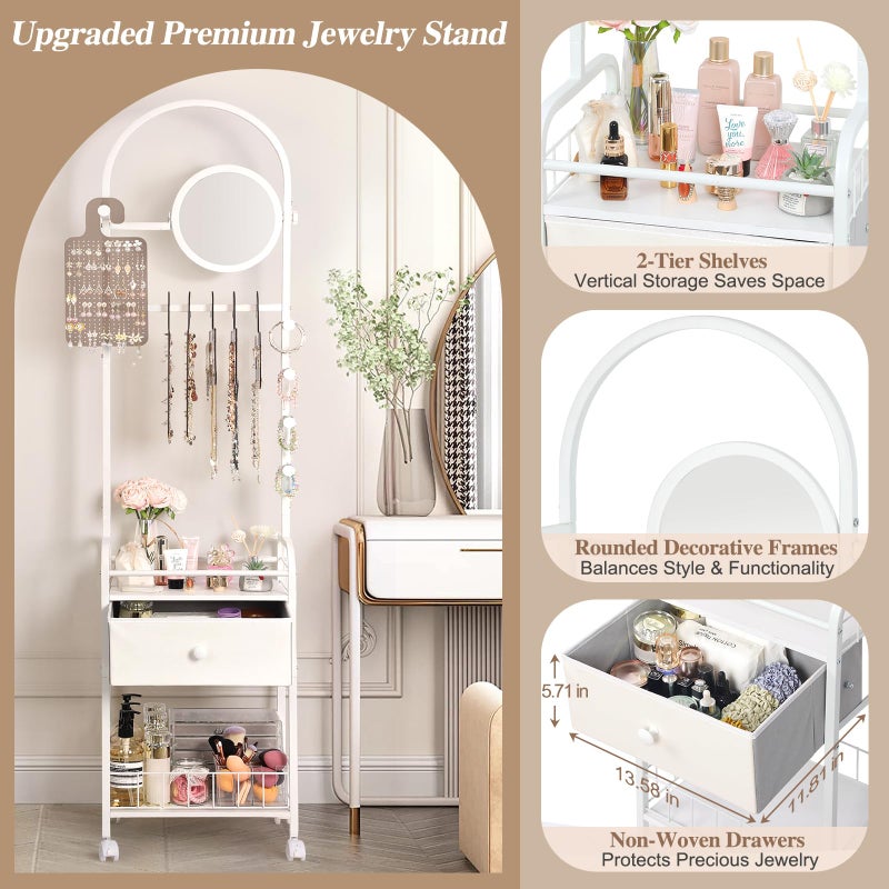 Keebofly Floor Jewelry Organizer with Adjustable Mirror, 67.52" Tall Jewelry Display Stand with 6 Acrylic Earring Necklace Pegboards, Mobile Jewelry Tower with Large Storage Drawer for Women - Image 5