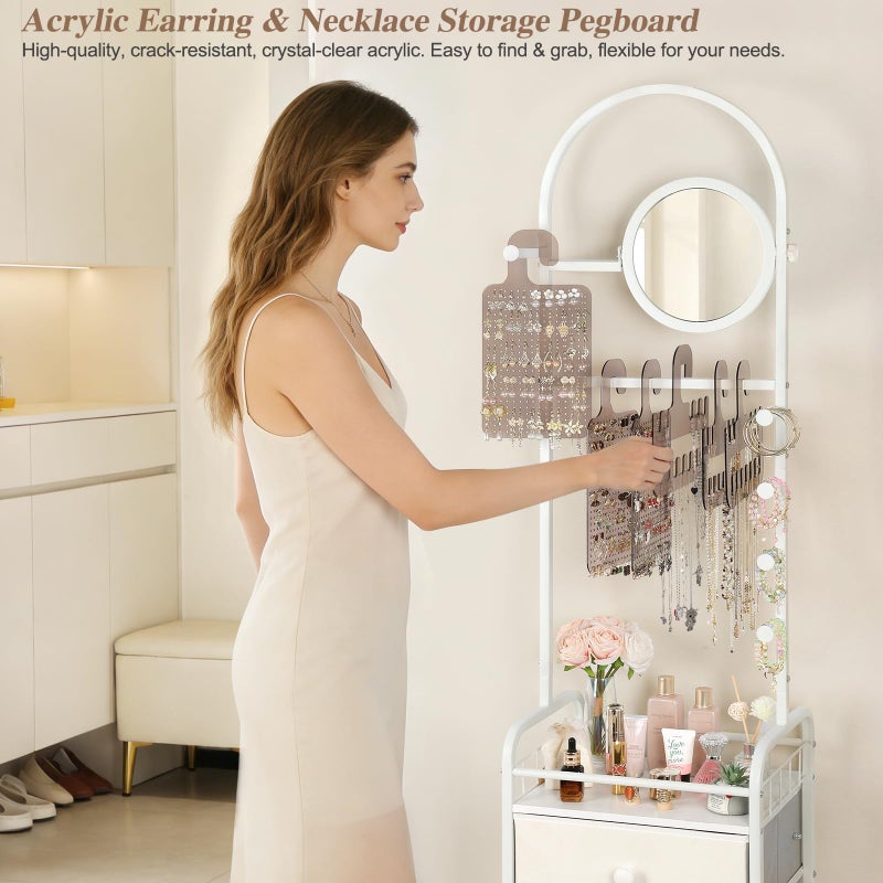Keebofly Floor Jewelry Organizer with Adjustable Mirror, 67.52" Tall Jewelry Display Stand with 6 Acrylic Earring Necklace Pegboards, Mobile Jewelry Tower with Large Storage Drawer for Women - Image 3