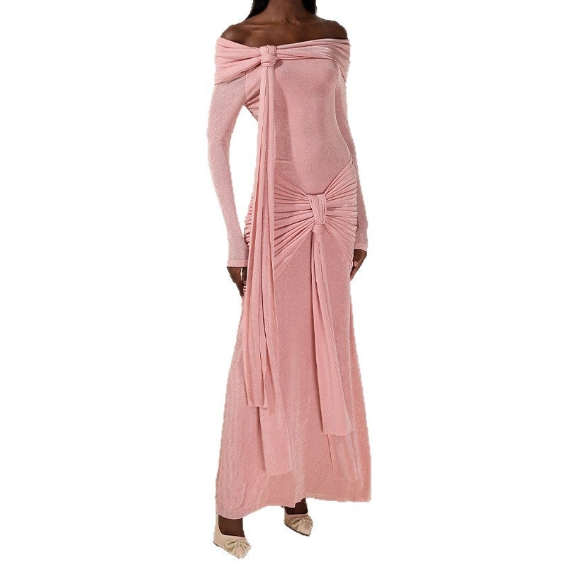2026 New Women'S Fashion Off-Shoulder Pleated Cross-Over Pink Bodycon Dress - Image 4