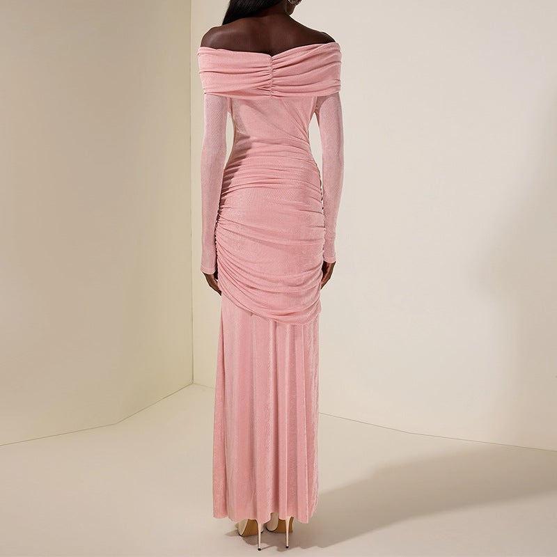2026 New Women'S Fashion Off-Shoulder Pleated Cross-Over Pink Bodycon Dress - Image 3