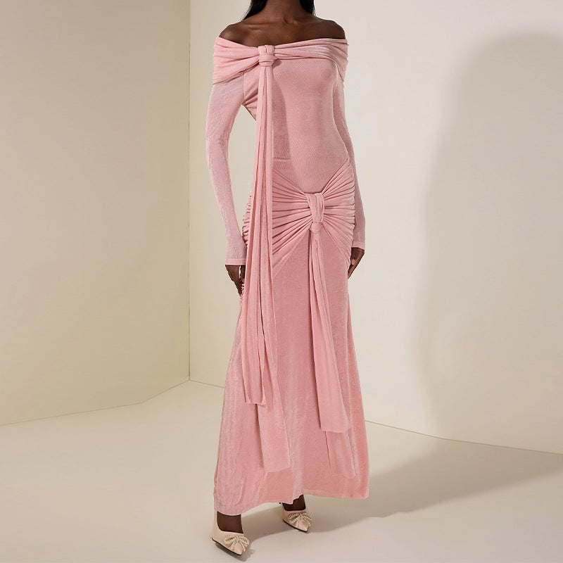 2026 New Women'S Fashion Off-Shoulder Pleated Cross-Over Pink Bodycon Dress - Image 1