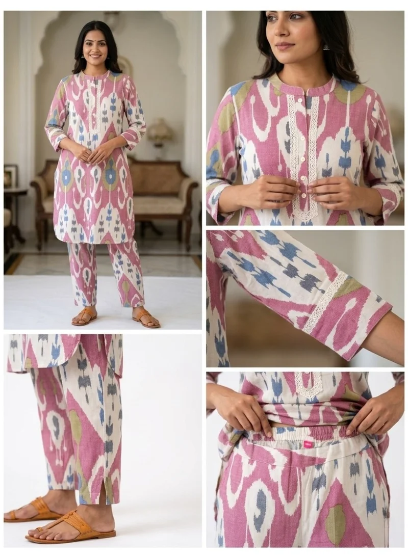 ثوجفيت طقم قطني متناسق (Co-ord Set) أنيق بنقشة "إيكات" باللون الوردي الموف