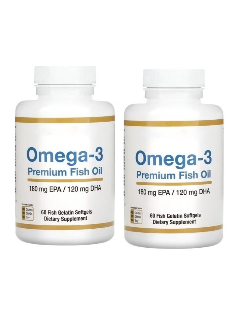 Omega Premium Omega-3 Fish Oil Concentrated Formula with EPA and DHA for Optimal Lipid Profile and Immune Support - Gluten-Free, Non-GMO - 60 Fish Gelatin Softgels（Packaging may vary）2 Pcs  - Image 1