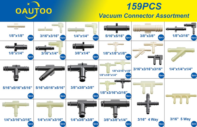 OAUTOO 32 Size Automotive Vacuum Tubing Connector Vacuum Tee Connector Assortment Kit 1/8" 3/16" 1/4" 5/16" 3/8" - Image 2