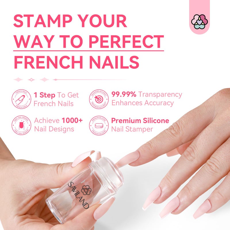 Saviland French Tip Nail Stamp: 4PCS Nail Art Stamper Kit Clear Silicone Nails Stamping Long & Short Jelly Stamper with Scrapers Nails Stamper Kit for French Manicure Home DIY Salon - Image 2