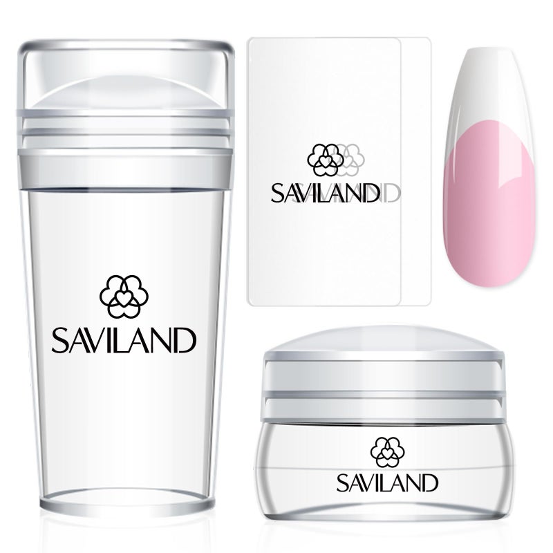 Saviland French Tip Nail Stamp: 4PCS Nail Art Stamper Kit Clear Silicone Nails Stamping Long & Short Jelly Stamper with Scrapers Nails Stamper Kit for French Manicure Home DIY Salon - Image 1