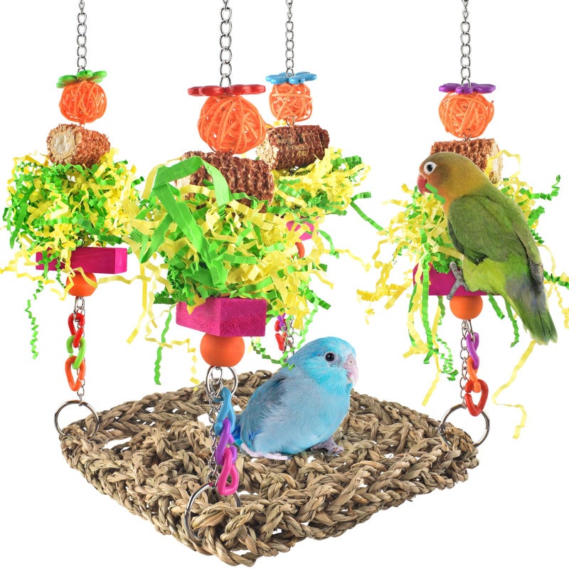 ERKOON Conure Toys, Bird Cockatiel Toys Foraging Swing Mat Parrot Climbing Hammock Wall with Colorful Toys for Birds Shredding Seagrass, Birds Cage Toy Accessories - Image 1