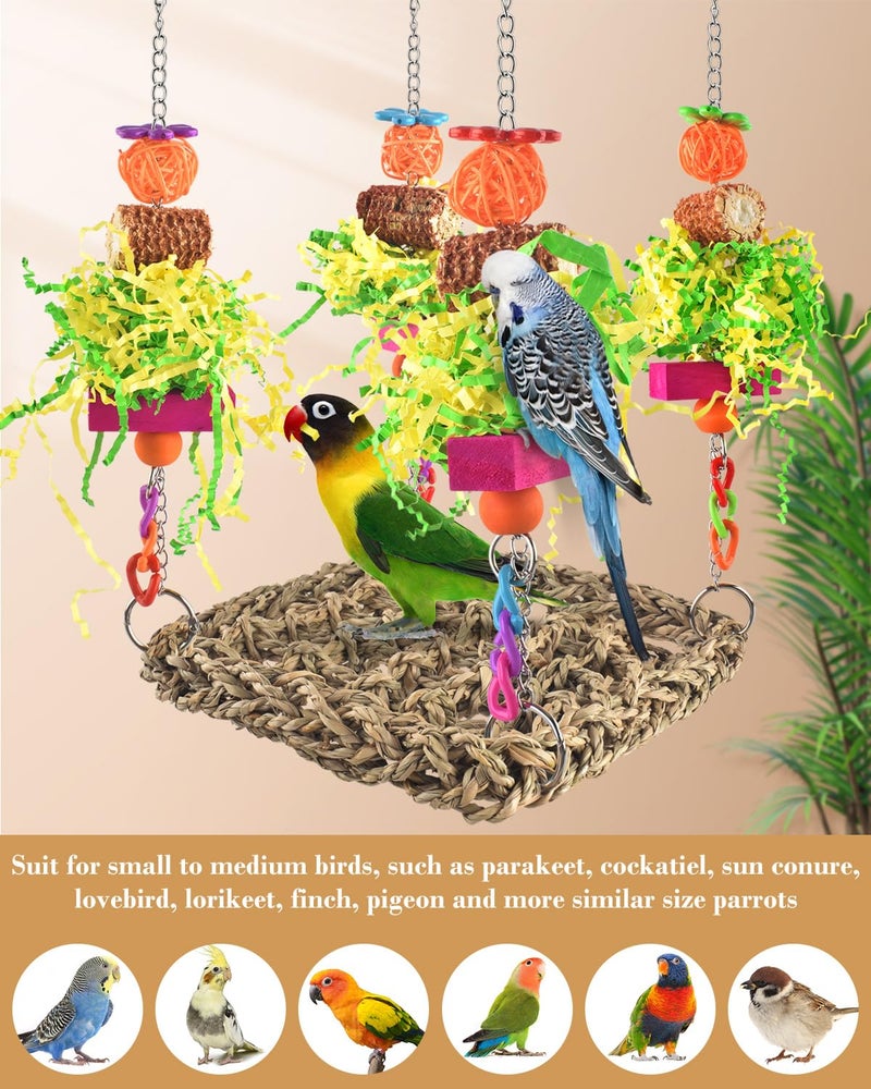 ERKOON Conure Toys, Bird Cockatiel Toys Foraging Swing Mat Parrot Climbing Hammock Wall with Colorful Toys for Birds Shredding Seagrass, Birds Cage Toy Accessories - Image 4