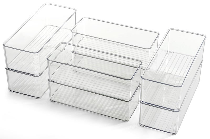 Hudgan 8 Pack Clear Plastic Drawer Organizers Set  Stackable Deep Drawer Organizer For Makeup Vanity And Desk  2 Sizes Tall Bathroom Drawer Organizer - Image 1