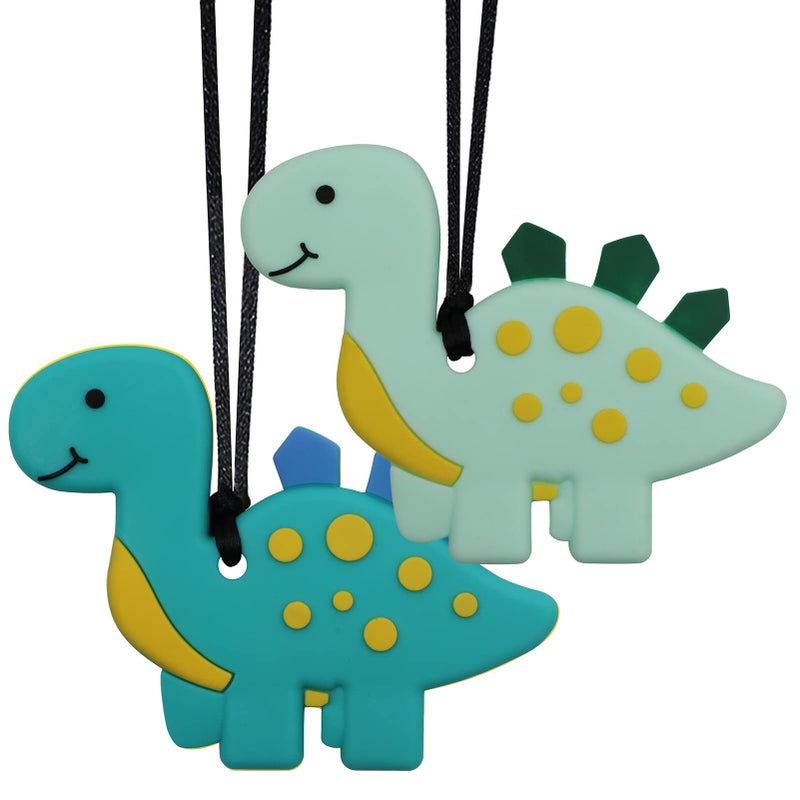 Chew Necklaces for Sensory Kids and Adults 2 Pack Dinosaur Silicone Chewy Toys for Boys with Autism ADHD SPD Reduce Chewing Fidgeting for Children Oral Motor Chewing Necklace