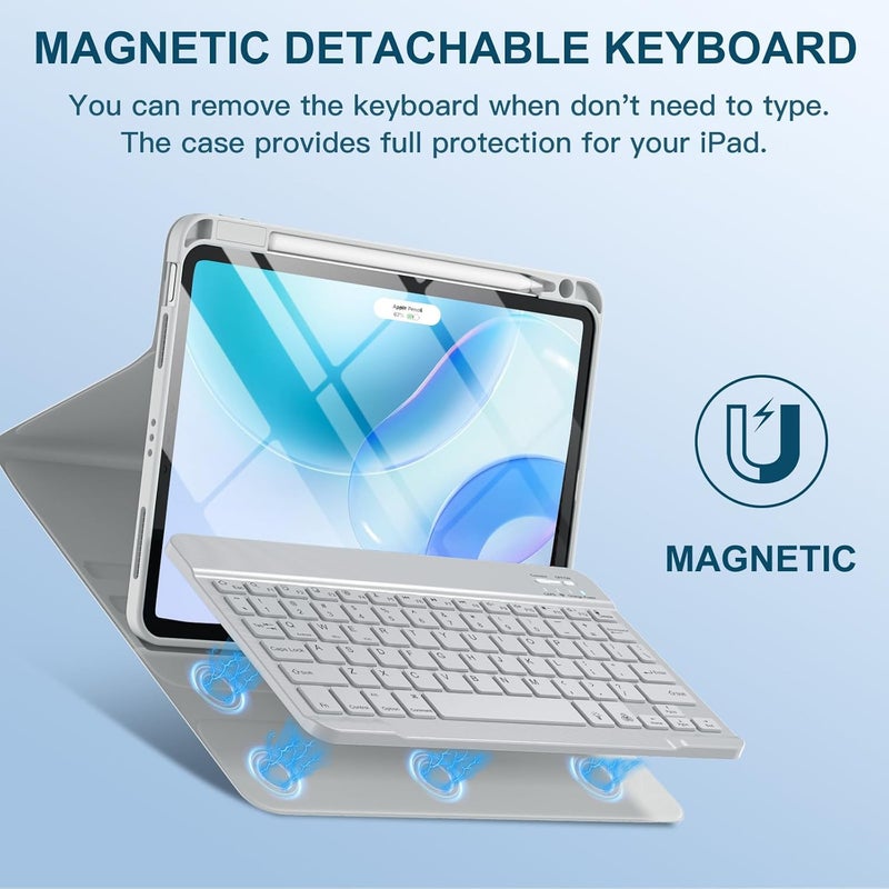 Harvopu متوافقة مع iPad Air 11-inch/ 10.9" Air 5th 4th Generation مع لوحة مفاتيح قابلة للإزالة بإضاءة خلفية، غطاء فوليو مع حامل قلم لـ iPad Air 11 Inch M3/M2, Air 5/ Air 4 (رمادي) - Image 4