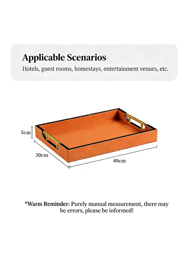 Faux Leather Serving Tray with Gold Handles – Decorative Ottoman Tray for Coffee Table, Vanity, and Countertop – Elegant Home Decor for Living Room, Bathroom, and Entryway, Rectangular, Orange - Image 2