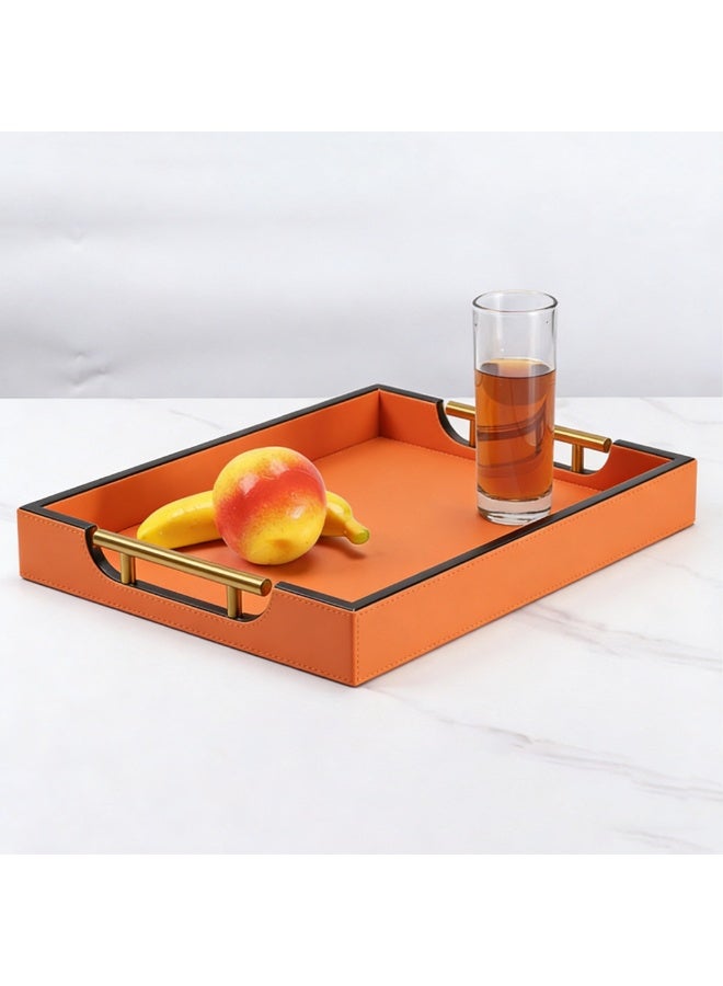Faux Leather Serving Tray with Gold Handles – Decorative Ottoman Tray for Coffee Table, Vanity, and Countertop – Elegant Home Decor for Living Room, Bathroom, and Entryway, Rectangular, Orange - Image 4