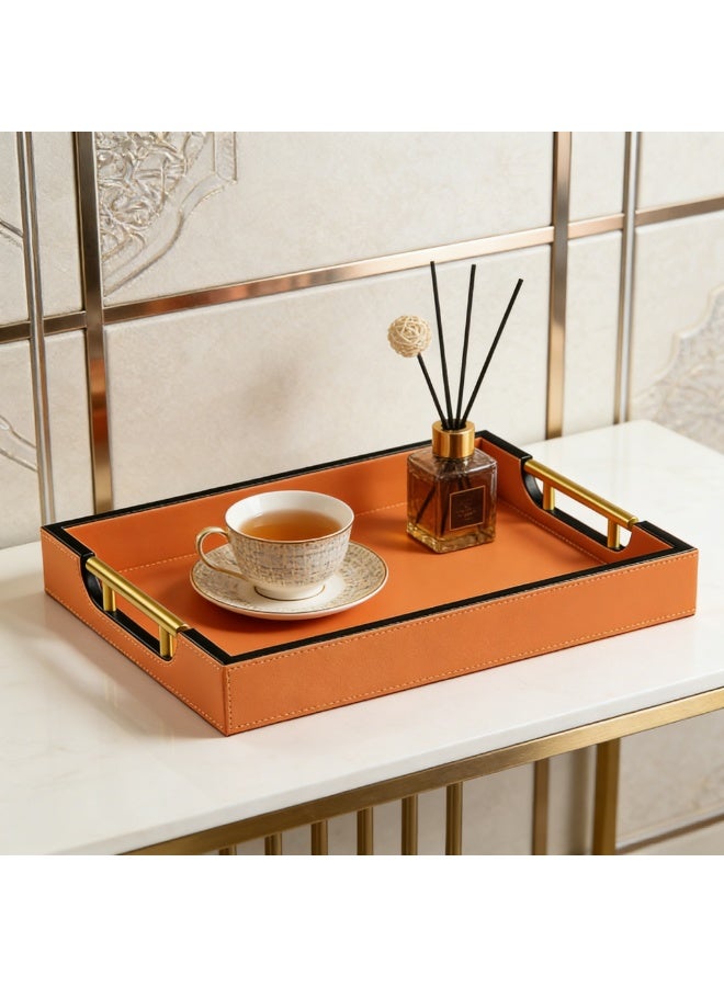 Faux Leather Serving Tray with Gold Handles – Decorative Ottoman Tray for Coffee Table, Vanity, and Countertop – Elegant Home Decor for Living Room, Bathroom, and Entryway, Rectangular, Orange - Image 3