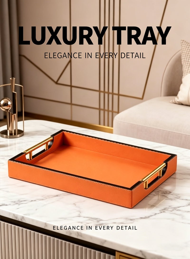 Faux Leather Serving Tray with Gold Handles – Decorative Ottoman Tray for Coffee Table, Vanity, and Countertop – Elegant Home Decor for Living Room, Bathroom, and Entryway, Rectangular, Orange - Image 1