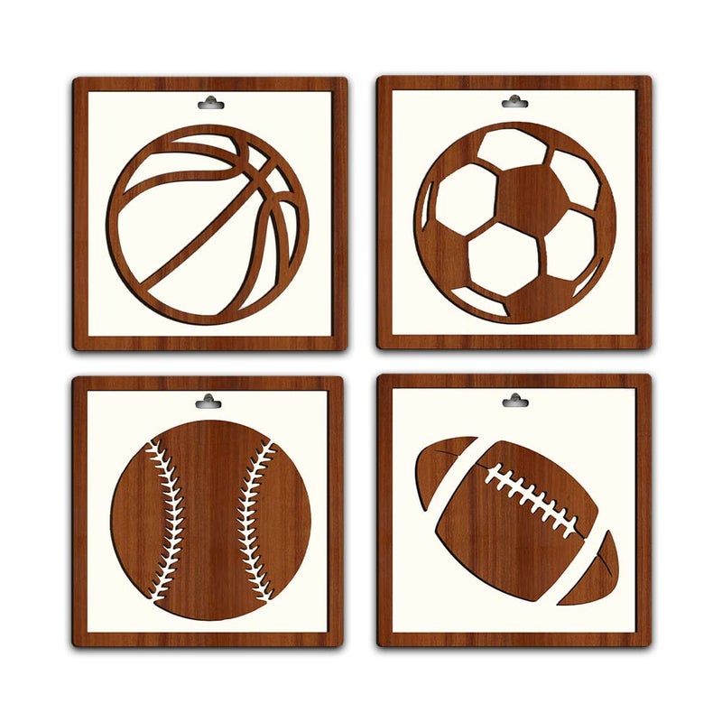 Chalk My Theme Set Of 4 Basketball Baseball Soccer American Football Framed Wooden Wall Art For Home Living Room Bedroom Hotel Cafe and Restaurant Boys Room Decoration Items